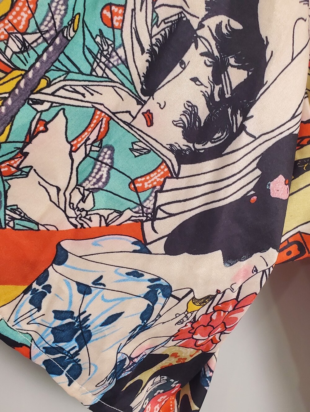 Micas Japanese Multicolor Print Kimono Robe Jacket Satin Boho Duster Size M - Picture 7 of 15